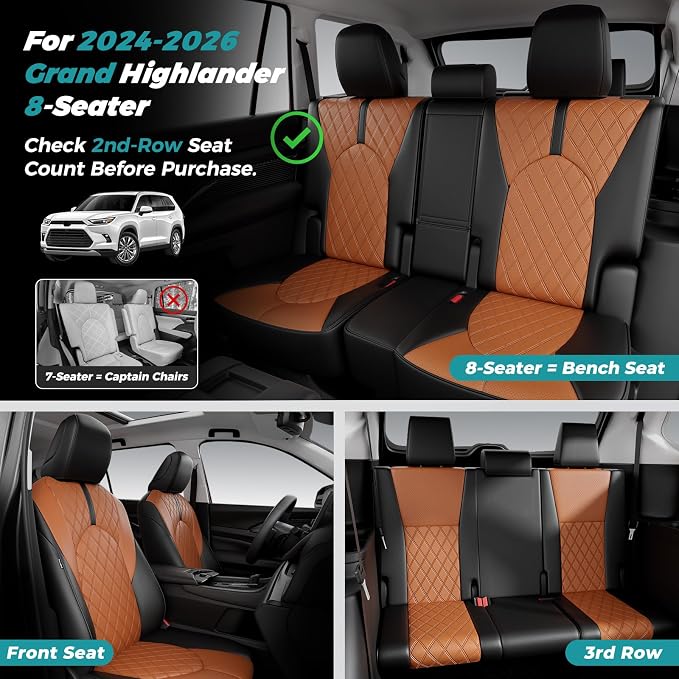 Custom Seat Covers for Toyota Grand Highlander 2024-2026 8 Seats | black brown, faux leather, 2nd row 40/60 split bench, waterproof, breathable, airbag compatible, stain resistant - Image 4