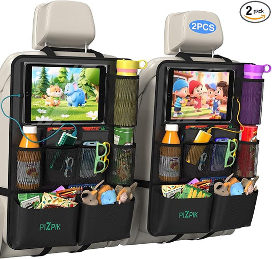 Car Backseat Organizer with Tablet Holder,11 Storage Pockets with Foldable Food Tray, Protector Kick Mats for Kids, Travel Accessories Organizer (Black, 2-Pack) by Plzpik