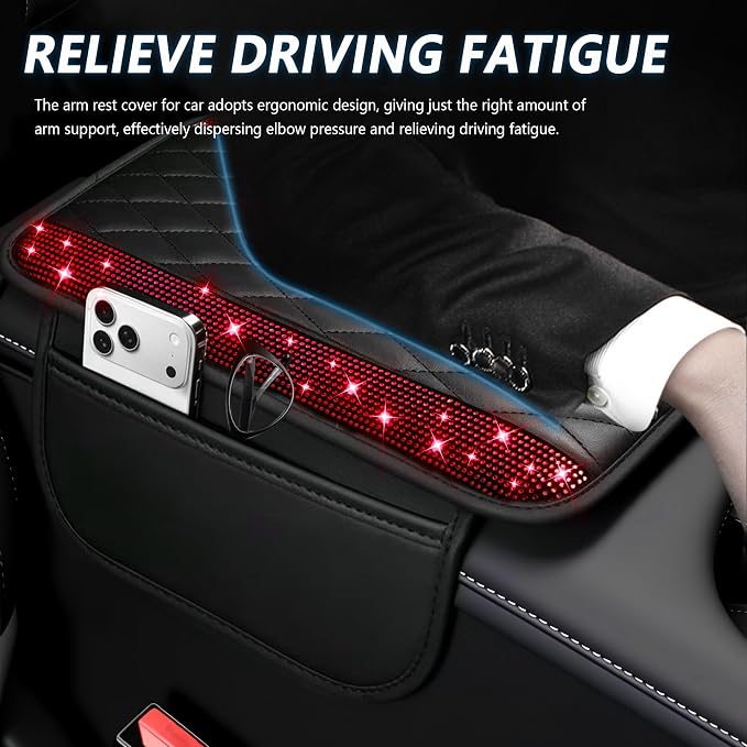 Stacool Upgraded Car Center Console Cover with Rhinestones,Microfiber Leather Car Armrest Cover Cushion with 2 Storage Bags,Universal Cars Armrest Storage Box as Cars Interior Accessories - Image 4