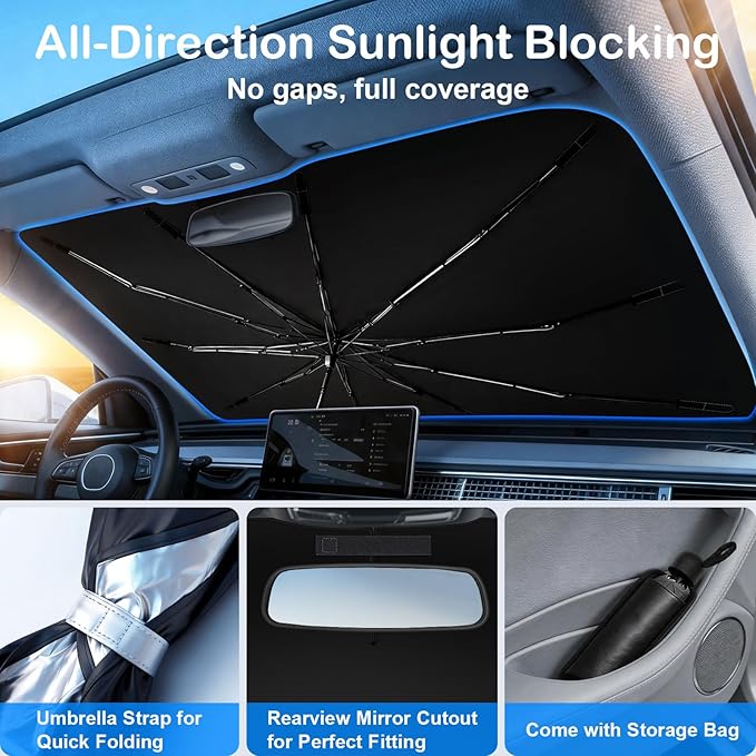 Windshield Sun Shade Umbrella, Foldable Car Windshield Sun Shade Cover, 56" x 31" UV & Heat Insulation Car Sun Shade, Universal Fit for Sedans, SUVs & Trucks - Image 4
