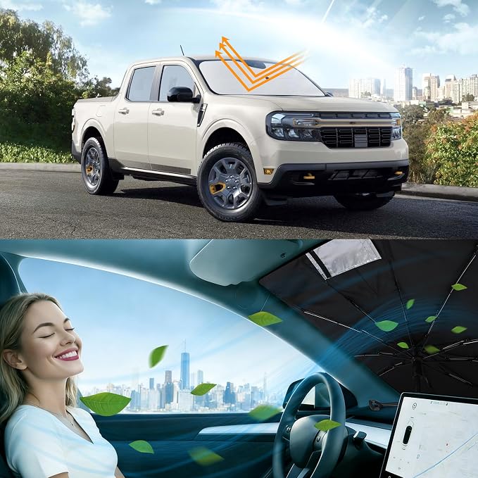 Windshield Sun Shade Umbrella for 2022-2026 Ford Maverick | Full covered for windshield, Block UV Rays, Heat Reduction, Easy to install, Durable & Fold Up Small - Image 6