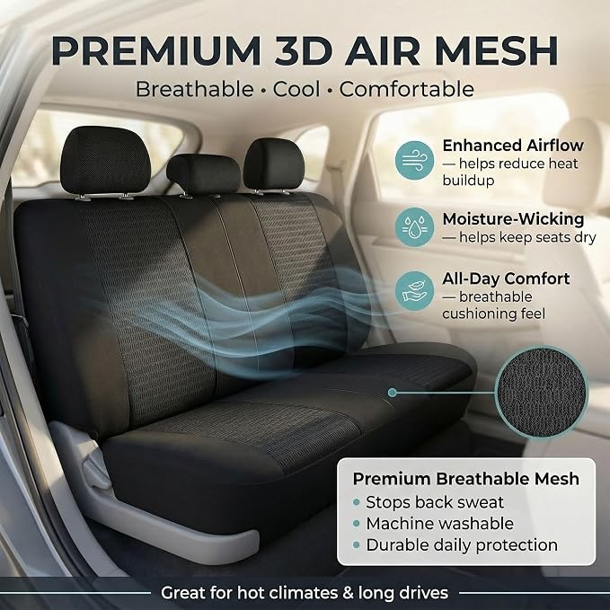 FH Group Universal Car Seat Covers Rear Set for SUV Truck Sedan Vans | 3D Textured Breathable Fabric Seat Cover Set with Airbag Compatible Split Bench Protector Interior Upgrade - Black - Image 3