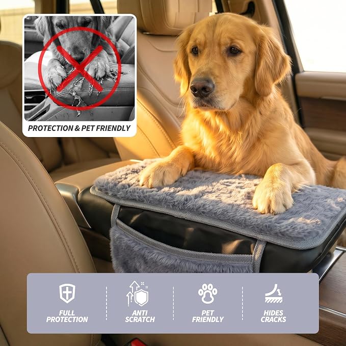 Plush Fuzzy Fur Car Armrest Cover with Side Pockets,Grey | Fluffy Armrest Cushion Pad,Soft Center Console Cover,Car Interior Storage Accessories ,for Most Car Decoration Protector - Image 5