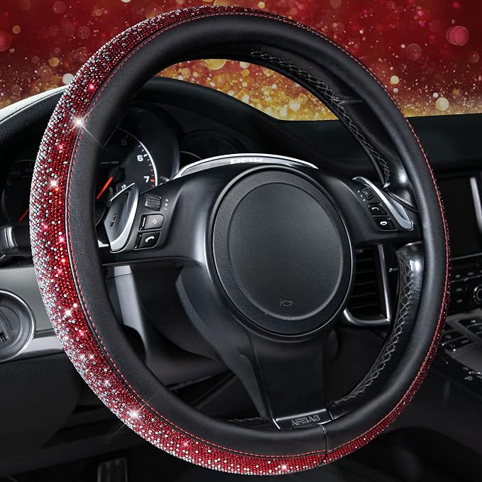 CAR PASS Bling Diamond Leather Steering Wheel Cover, Bling Sparkly Crystal Glitter Rhinestones Universal Fit 14" 1/2-15" Car Wheel Protector for Women Girl Fit Suvs,Vans,Sedans,Trucks, Red Silver by CARPASS