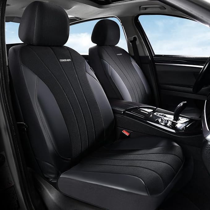 Coverado Car Seat Covers Full Set, Automotive Seat Covers 5-piece, Leather Car Protectors 5 Seats, Black Auto Seat Covers Spill-Proof Design Universal Fit for SUV, Vans, Sedan, Truck - Image 3