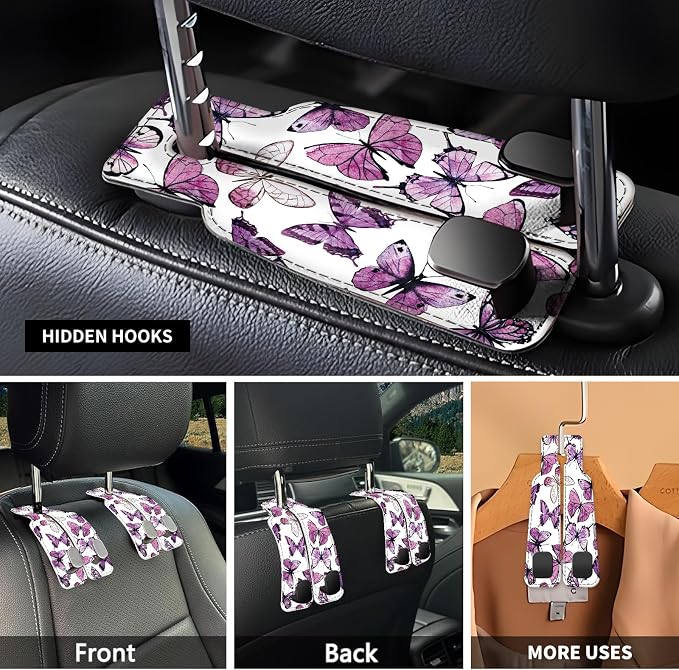 Car Seat Headrest Hook, Universal Leather Cute Hanger Holder Hook, Storage Organizer Interior Accessories for Purse Bags Handbag Luxury Purple Butterfly - Image 3