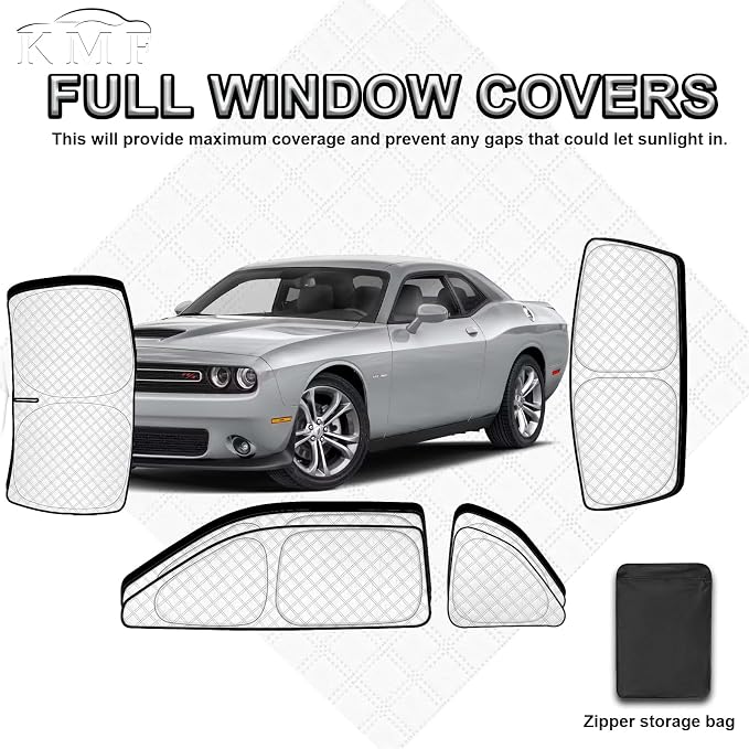 KMF 6pcs Thicken Full Sun Shades for Dodge Challenger 2015-2023 Accessories,Car Window Covers Sunshade for Windshield Side Rear, UV Block Visor Privacy for Car Camping with Storage Bag - Image 6