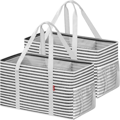 LHZK 2 Pack Extra Large Utility Tote Bag with Metal Wire Frame and the Sides Rinforced, Extra Large Tote Bag with Handle for Pool Beach Laundry Storage, Black by LHZK