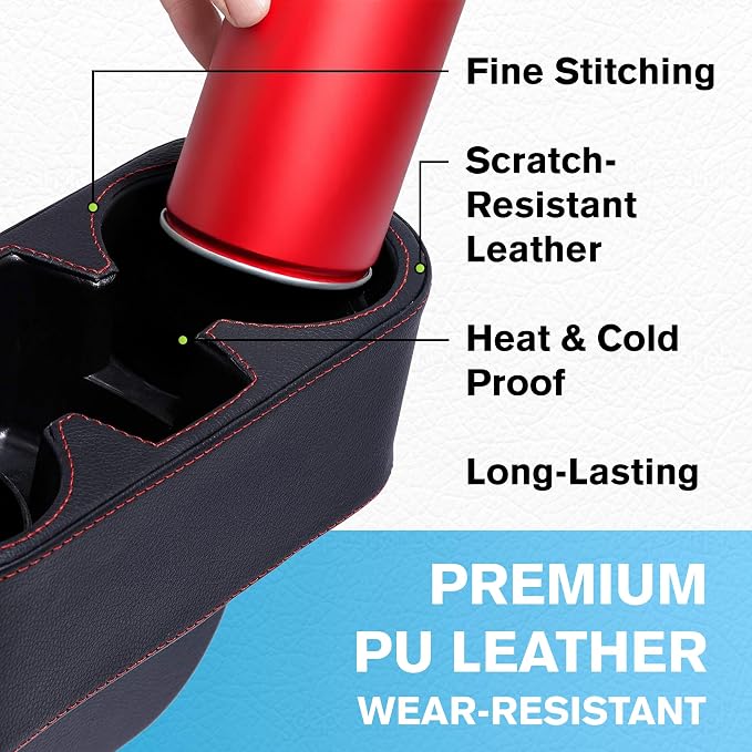 IOKONE Car Cup Holder, PU Leather, Car Seat Gap Filler Organizer, Black | Console Side Pocket, Front Seat Organizer, Drink Holder for Car, Universal Fit, Easy Installation, Cell Mobile Phone Holder - Image 5