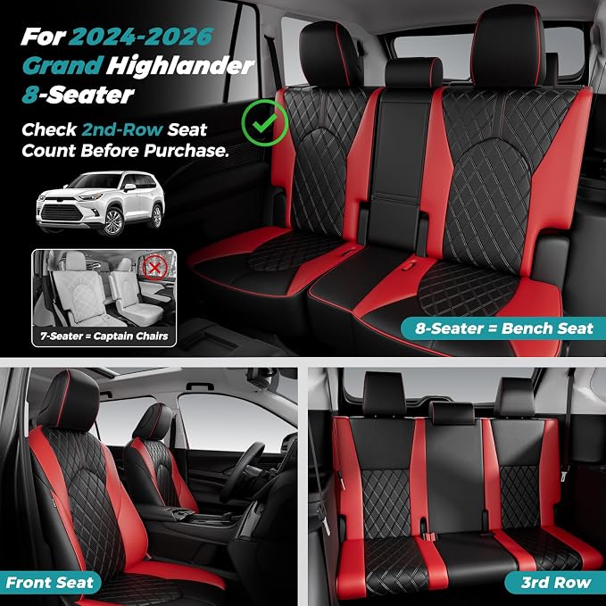 Custom Seat Covers for Toyota Grand Highlander 2024-2026 8 Seats | black red, faux leather, 2nd row 40/60 split bench, waterproof, breathable, airbag compatible, stain resistant - Image 4