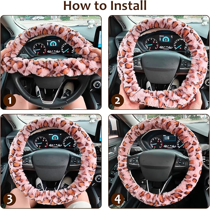 Accmor Fuzzy Steering Wheel Cover, Universal Fit Fur Car Wheel Cover & Handbrake Cover & Gear Shift Cover Set for Women Girls, Leopard Winter Warm Fluffy Vehicle Wheel Protector for Auto, SUV (Pink) - Image 5