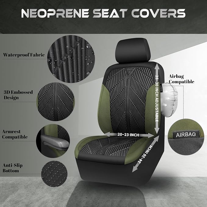 CAR PASS Waterproof Car Seat Covers Front Seats Covers Neoprene Wetsuit, All-Weather Non-Slip Durable,Universal Fit for SUV Sedans Trucks Vans Automotive,Armrest Airbag Compatible,Emboss 2 Black Green - Image 3