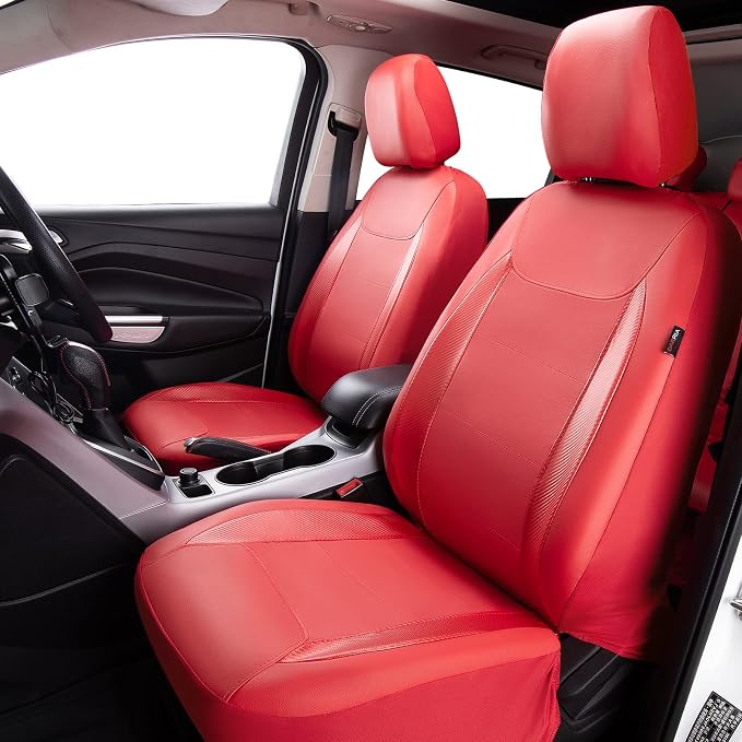 Flying Banner car seat Covers Protects Water Proof Faux Leather Carbon Fiber Fronts Rear Bench Covers (Red Red, Full Set - 8PCS) - Image 2