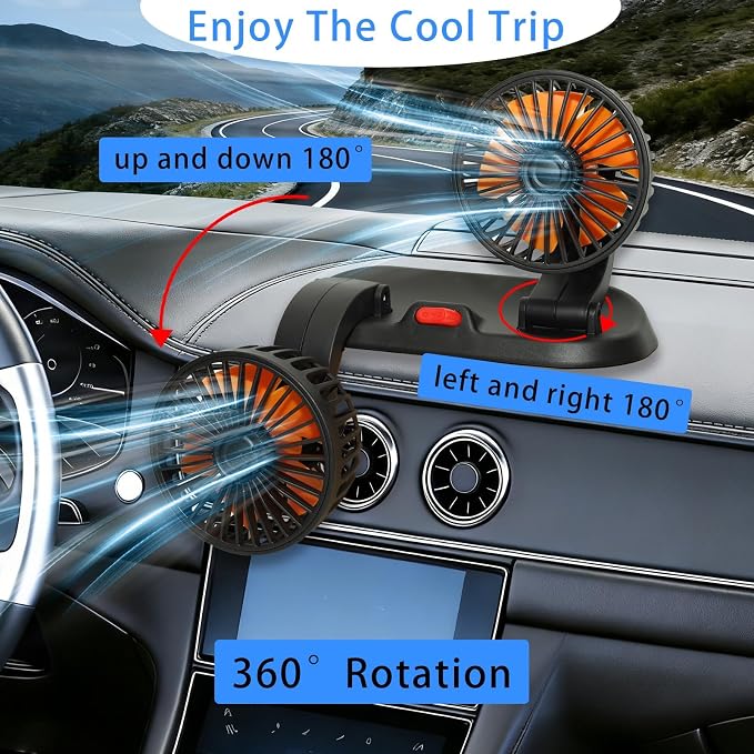 Dual Head 24V Car Cooling Fan, 360° Rotatable Dashboard Fan with 2 Speed Adjustable, Cigarette Lighter Plug Heavy Duty Truck Fan for Semi Truck, Bus, Tractor, Van, School Bus - Image 2
