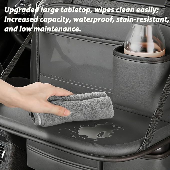 2 Pack Universal Premium Leather Foldable Car Backseat Organizer with Table Tray, Seat Back Protector with Touch Screen Pad Phone Holder, Car Storage Pockets Tissue Box with School Bags Hooks - Image 8