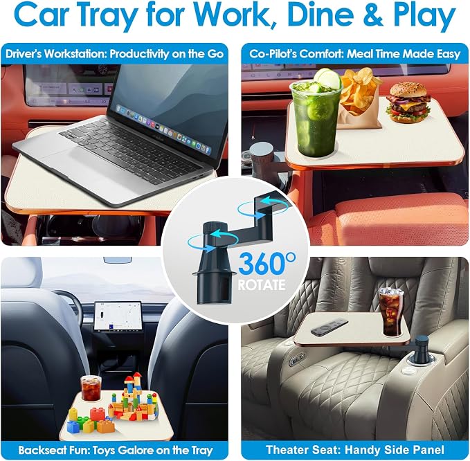Car Tray& Car Desk for Laptop,Dual 360° Rotating,Anti Slip Leather Surface, Food Tray, Cup Holder Table Compatible with Tesla Model Y/3/S, Ford F150/Explorer/Maverick/Home Theater Seating (White) - Image 2