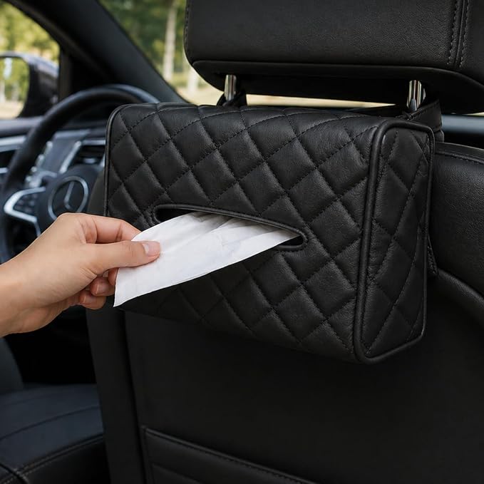 Luxury Quilted Car Tissue Holder – Headrest-Mounted Tissue Box for Cars, SUVs & Trucks – PU Leather Tissue Dispenser with Secure Strap – Easy One-Hand Access (Black) by Unknown