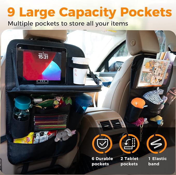Backseat Car Organizer with Tray, 9 Storage Pockets Back Seat Protector with Foldable Tablet Holder, Waterproof Back of Seat Kick Mats for Kids Adult, Road Trip Essentials Travel 2 Pack, Black - Image 2