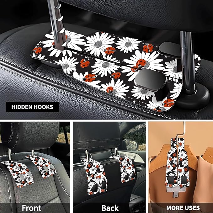 Car Seat Headrest Hook, Universal Leather Cute Hanger Holder Hook, Storage Organizer Interior Accessories for Purse Bags Handbag Cute Daisy Ladybird - Image 3