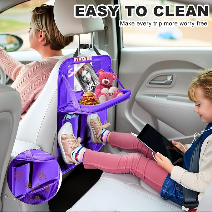 2Pack Car Backseat Organizer with Foldable Table Tray,6 Storage Pockets Car Storage Organizer with Tablet Holder,Car Seat Back Protectors Kick Mats Travel Accessories (Purple) - Image 4