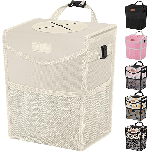 Pritent Car Trash Can with Lid Leakproof Car Garbage Bag Vehicle Trash Bin | Hanging Automotive Garbage Can,Multipurpose Car Accessories for Women Men Interior Car Storage Organizer(2.8 Gal,Beige) by Pritent