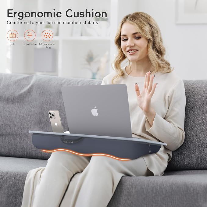 Lap Desk with Cushion, Fits up to 17 inch Laptop, Pillow Designed, Portable Laptop Stand with Tray, Pad & Phone Holder, Home Office for Bed/Couch/Car/Reading/Writing, MillHome (Gray) - Image 4