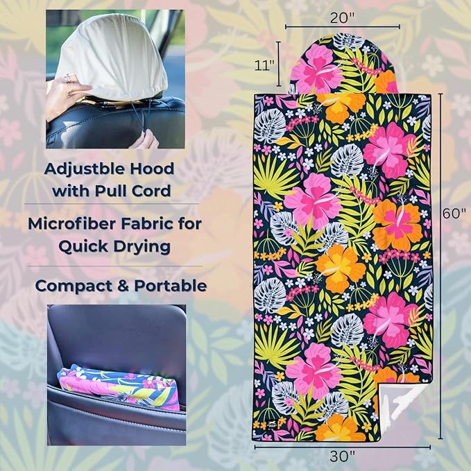 Gone For a Run Car Seat Towel for Runners - Hooded Cover - Aloha | Hooded Seat Cover Protector, Microfiber, Moisture-Wicking, 30 x 60 Inches, Pull Cord Hood, Compact & Portable, Running Gift - Image 3