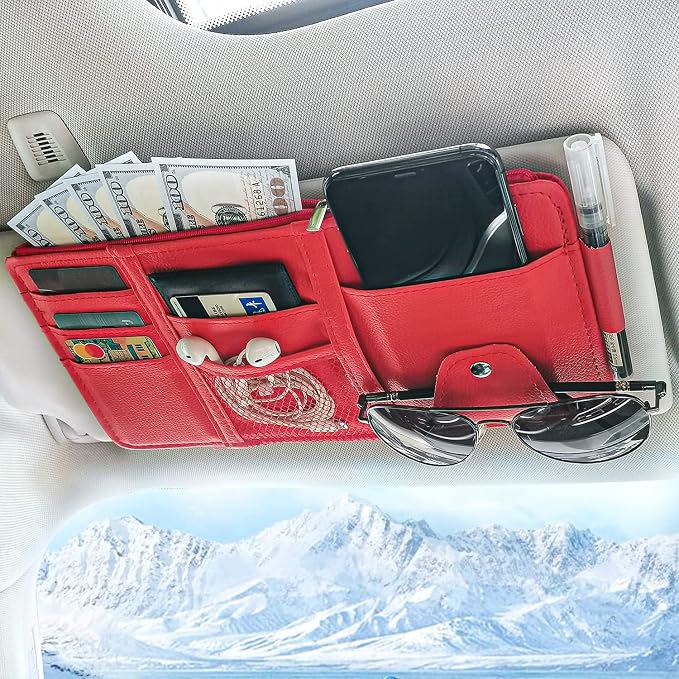 Keedolla Car Sun Visor Organizer with Multi-Pocket Net Zipper, Truck Visor Organizer Storage Pouch Holder for Cards, Pens, Sunglasses, CD Holder - Red by Keedolla