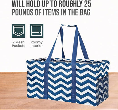 Extra Large Utility Tote Bag, Oversized Collapsible Reusable Wire Frame Rectangular Canvas Basket With Two Exterior Pockets For Beach, Pool, Laundry, Car Trunk, Storage - Chevron Navy - Image 5