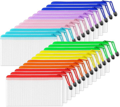 SUNEE Plastic Mesh Zipper Pouch 4.6x9.2 in (8 Colors, 24 Packs), Small Water-Resistant Zip Bag for School Office Supplies, Pencil Organizing Storage by SUNEE