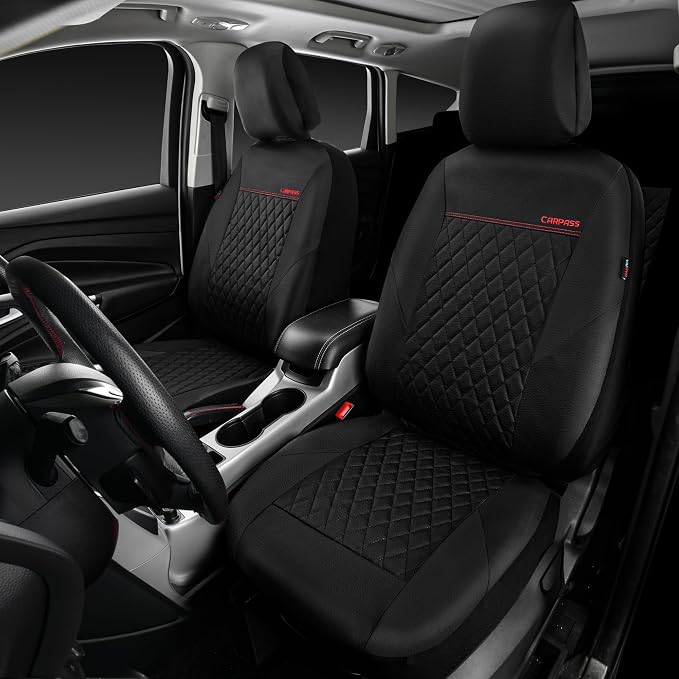 CAR PASS Quilting Leather Seat Cover Two Front Seats Only, Universal Fit Automotive Front Seat Covers Waterproof Deluxe PU Premium Vinyl Luxury for Cars Sedan Van SUV Airbag Compatible 2 Pieces,Black - Image 2