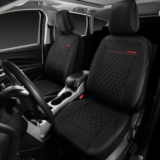 CAR PASS Quilting Leather Seat Cover Two Front Seats Only, Universal Fit Automotive Front Seat Covers Waterproof Deluxe PU Premium Vinyl Luxury for Cars Sedan Van SUV Airbag Compatible 2 Pieces,Black - Image 2
