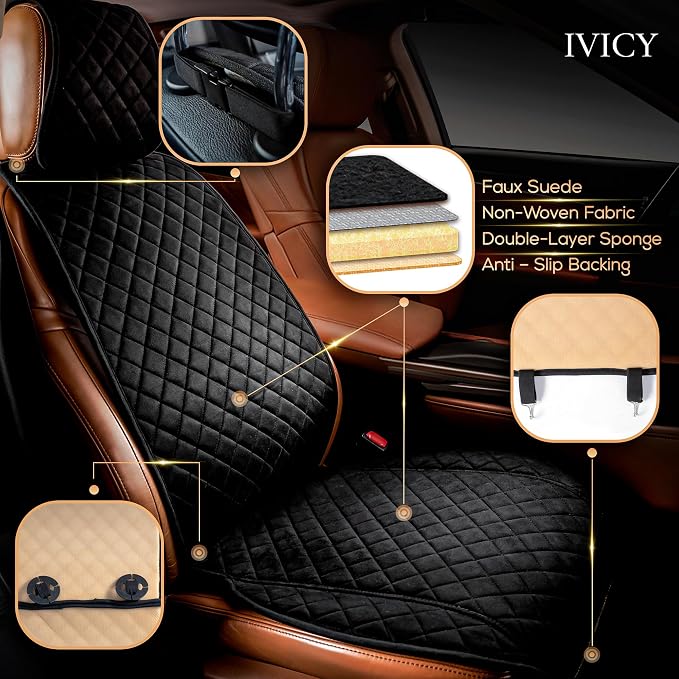 IVICY Faux Suede Front Car Seat Cover, Seat Protector, 1 Unit, Black | Non-Slip Bucket Sear Cover for Most Cars, SUVs, Vans & Trucks – Machine Washable, Side-Airbag Friendly - Image 2