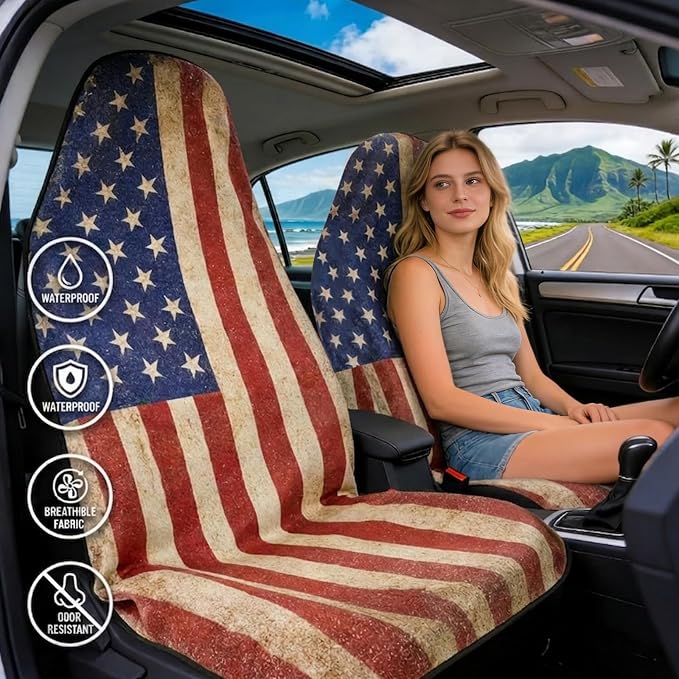 ZIMABLUE 2 Pack American Flag Waterproof Towel Car Seat Covers, Sweatproof Non-Slip Seat Protector, Machine Washable Universal Front Bucket Seat Covers for Cars, SUVs, Gym, Beach, Sports & Pets - Image 2