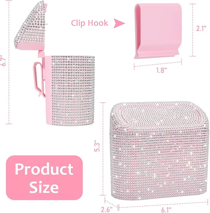 Accmor Bling Car Trash Can with Lid, Leakproof Mini Vehicle Trash Bin Automotive Dustbin Organizer Storage, Sparkling Crystal Rhinestone Trash Bag Container with 30pcs Garbage Bags Car Accessories - Image 2