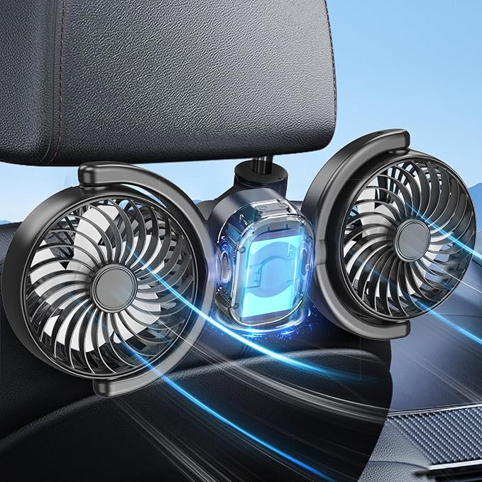 Dealswin Rechargeable Car Fan for Backseat Kids Baby, Battery and USB Dual Power Car Fans, Powerful 3 Speeds 360° Rotatable Dual Head Cooling Car Seat Fan for Sedan SUV RV Truck Vehicle by Dealswin