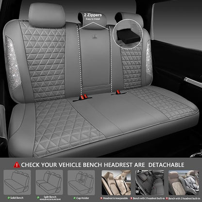 CAR PASS Bling Diamond Gray Leather Car Seat Covers Full Sets Interior Sets, Waterproof Shining Glitter Sparkly Crystal Universal Armrest Fit for Automotive Truck SUV Cute Women Girl, Gray Rhinestone - Image 4