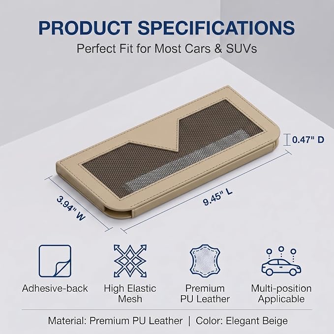 Car Seat Side Pocket Organizer, 9.45" x 3.94" Self-Adhesive Elastic Mesh Storage Pouch, PU Leather Car Interior Phone Cards Console Organizer, Universal for Most Cars SUVs (Beige) - Image 2