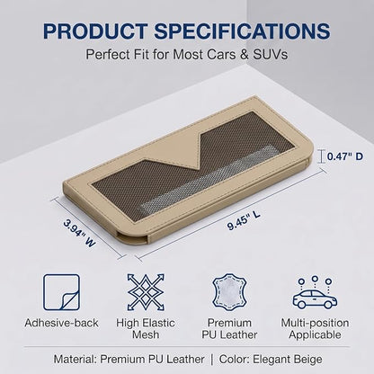 Car Seat Side Pocket Organizer, 9.45" x 3.94" Self-Adhesive Elastic Mesh Storage Pouch, PU Leather Car Interior Phone Cards Console Organizer, Universal for Most Cars SUVs (Beige) - Image 2