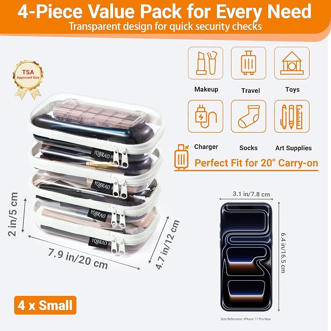 YQBRAO Clear Hard Shell Zipper Cases, 4 Small Cable Organizers, White | Rigid 1.2 mm PET and YKK dual zippers for cosmetics, charging cords, pens and travel accessories - Image 4