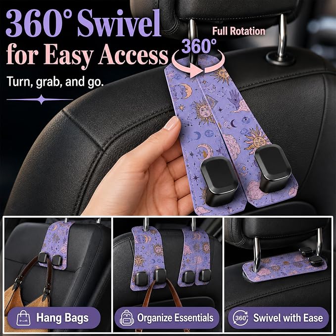 2 Pack Celestial Sun Moon Car Headrest Hooks for Purse Seat Hanger | Celestial Boho Car Accessories Metal Hook,Astrology Gifts for Women,PU Leather Double Hook for Backseat Organizer - Image 8