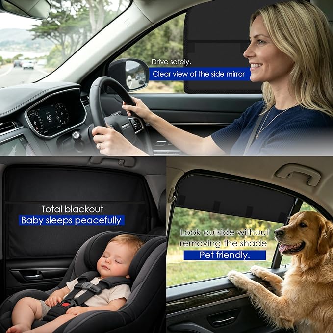 Wolfcar Car Window Shades for Baby, 2 in 1 Magnetic Sun Shade for Rear Side Windows with Hook-and-Loop – Full Sun & UV Protection, Car Curtains for Back Seat Napping & Breastfeeding Privacy, 2 Pcs - Image 6
