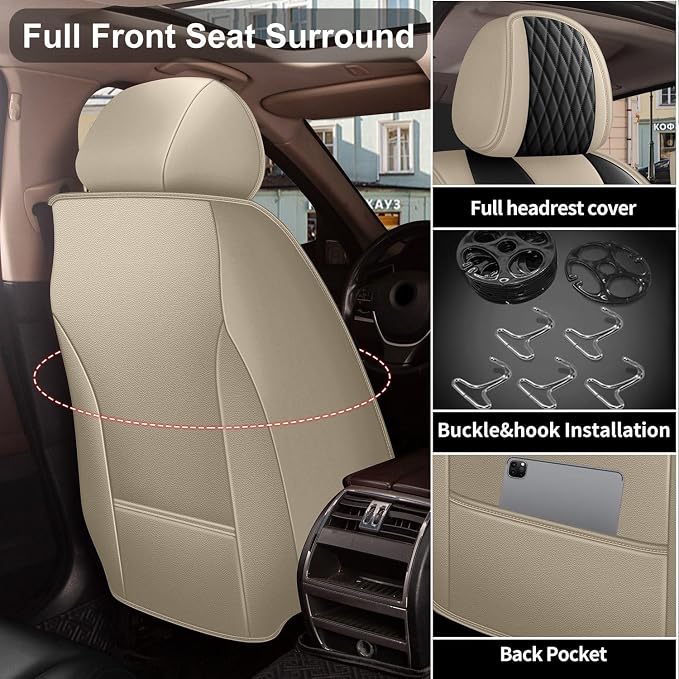 IKABEVEM Car Seat Covers Fit for Mazda 3 2007-2019 Full Set | Waterproof Faux Leather, Airbag Compatible, Easy-Wipe Car Seat Protector,5 Seats Covers Fit for Mazda 3, Beige&Black - Image 3