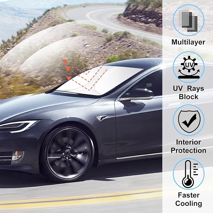 Windshield Sun Shade Sunshade for 2012-2025 2026 TES-la Model S | Full covered for windshield, Foldable & Durable, Block UV Rays, Reduce Heat, Easy to install, Keeps Car Cooler - Image 2