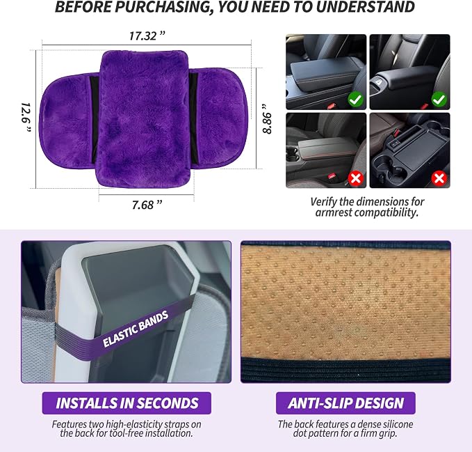Plush Fuzzy Fur Car Armrest Cover with Side Pockets,Purple | Fluffy Armrest Cushion Pad,Soft Center Console Cover,Car Interior Storage Accessories ,for Most Car Decoration Protector - Image 6
