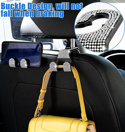 Bling Car Purse Hooks 2Pcs, Rhinestones Car Headrest Hook Backseat | Double Hooks,Holds 44Lbs,Wide Opening,Durable Nylon,Car Seat Hook,Purse Holder,Bling Car Accessories for Women,White - Image 3