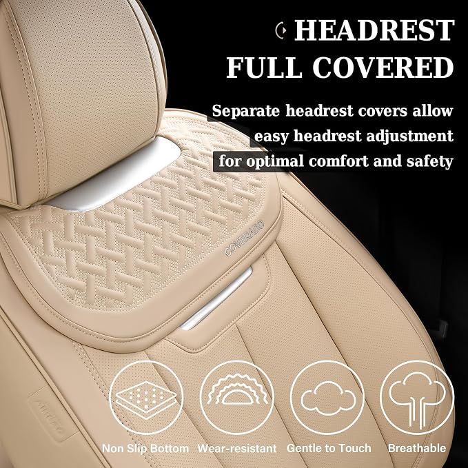 Coverado Seat Covers, Car Seat Covers Front Seats, Beige Nappa Leather Car Seat Covers, 2 Pack Waterproof Front Seat Covers, Breathable Leather Seat Cushion Universal Fit Most Cars Trucks - Image 3