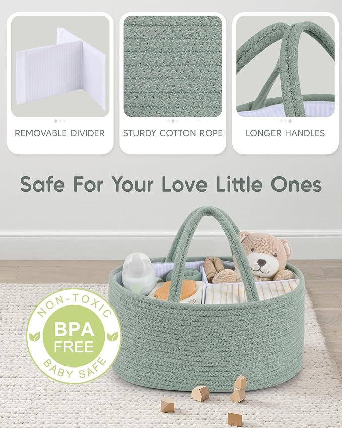 Maliton Diaper Caddy Organizer for Baby, Portable Diaper Storage Organizer for Changing Table and Car, Cotton Rope Nursery Storage Bin Basket for Baby Shower, Newborn Essentials Must Haves - Green - Image 3