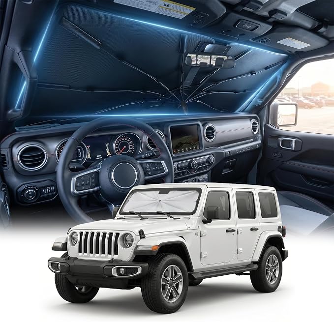 [2026 Upgraded] DooGooCoo Windshield Sun Shade Umbrella for Jeep Wrangler & Gladiator 2011-2026 [100% Sunlight Blocked, Cooling Ice Crystal] Sunshade for Car Windshield for Wrangler Sunshade. by DooGooCoo