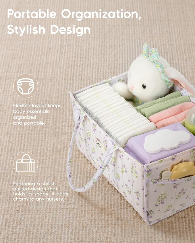 Maliton Diaper Caddy Organizer with 2 Side Pockets, Portable, Purple Floral | with Handle and Removable Dividers, Nursery Storage Basket, Car Organizer for Diapers & Wipes. Boy & Girl Shower Gift - Image 5